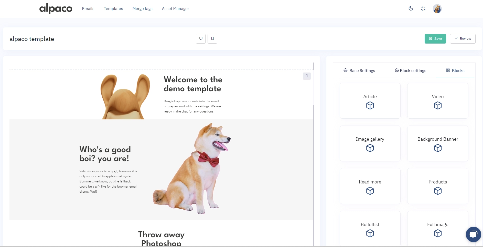 The Alpaco email production canvas with brand-locked blocks and a live preview